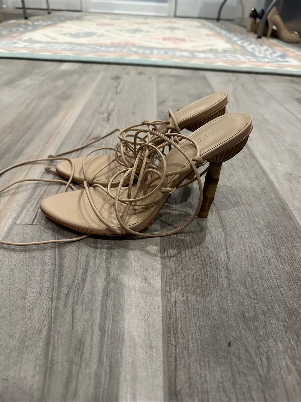 Neutral Lace-Up Stiletto Heels in Beige